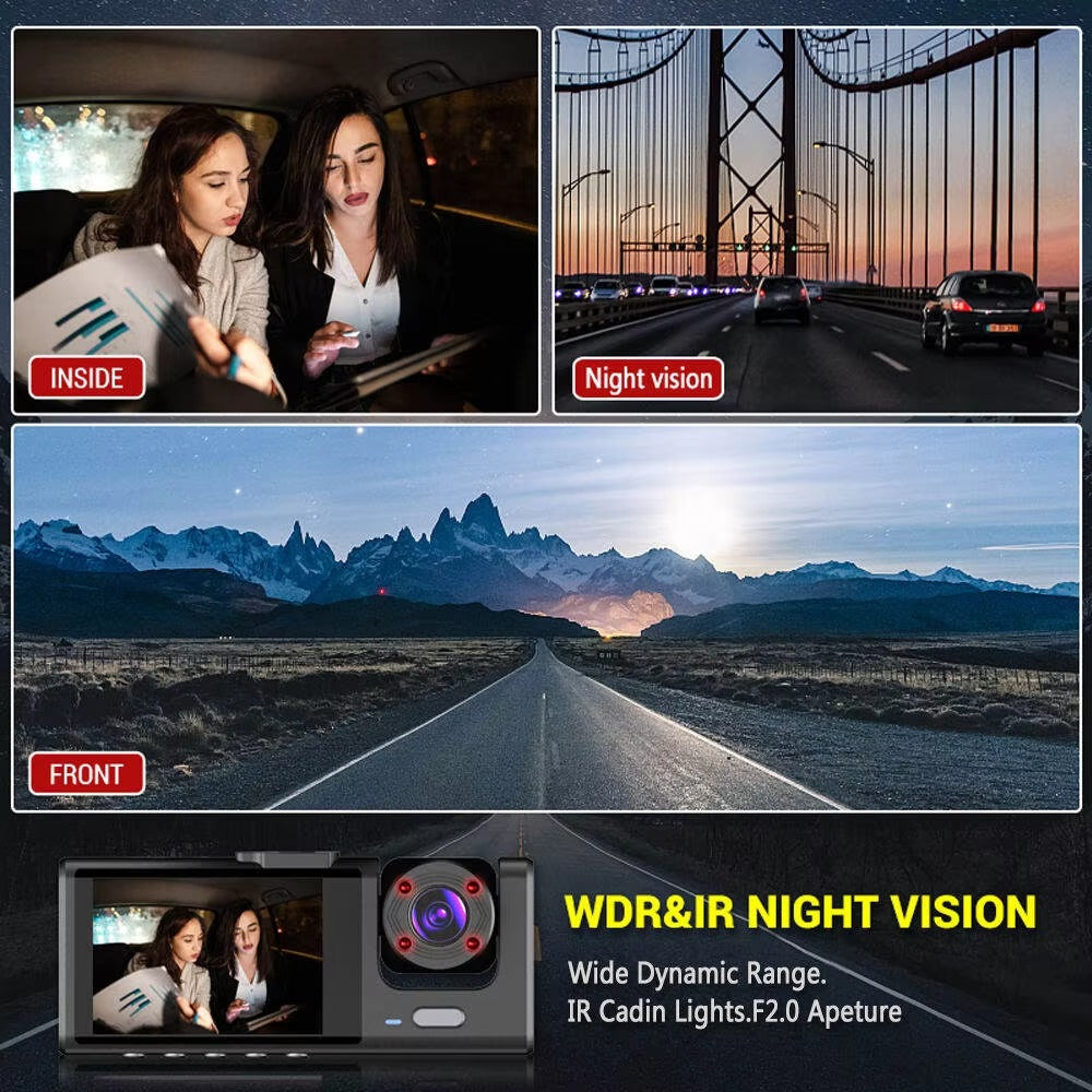Dash Cam W/ IR Night Vision Loop Recording & 2" IPS Screen 1080P 3 Camera ， DVR recorder, video recorder, Vehicle DVR